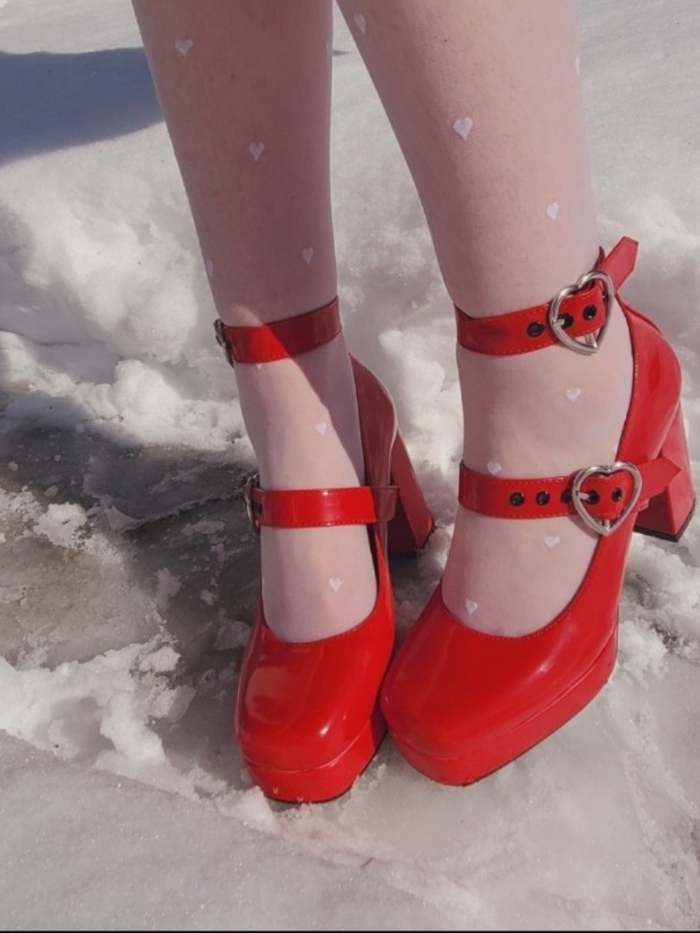 Lamoda Red Patent Mary Jane Heels with Heart Buckles